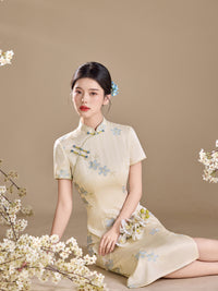 Ivory Blue Floral Embroidered Short Sleeve Qipao Maxi Dress | Mandarin Collar Slit Cheongsam