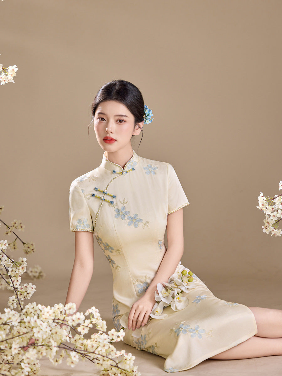 Ivory Blue Floral Embroidered Short Sleeve Qipao Maxi Dress | Mandarin Collar Slit Cheongsam