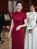 Red Jacquard Qipao for Mother | Mandarin Collar with Frog Buttons