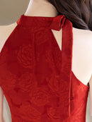 Elegant Red Halter Neck Qipao Dress | New Chinese Slim Jacquard Evening Gown with Tie Scarf