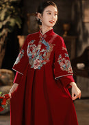Red Embroidered Maternity Chinese Style Gown | Mandarin Collar 3/4 Sleeves