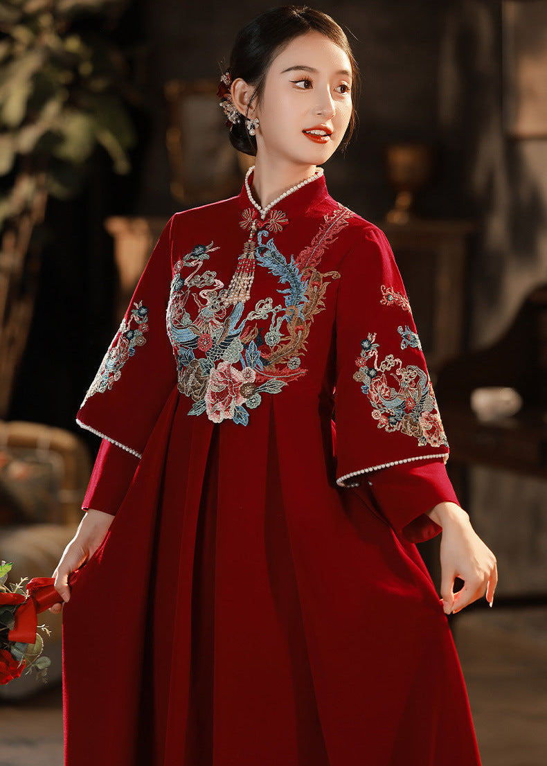 Red Embroidered Maternity Chinese Style Gown | Mandarin Collar 3/4 Sleeves
