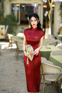 Wine Red Jacquard Satin Qipao Dress | Mandarin Collar Slim Split Cheongsam Evening Gown