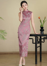 Pink Jacquard Peony Qipao Dress | Sleeveless Mandarin Collar Slim Midi Cheongsam