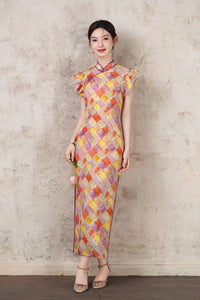 Fashionable Plaid Embroidery Improved Qipao | Colorful Plaid Mandarin Collar Slim Fit Dress