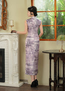 Purple Floral Branch Qipao Dress for Women | Mandarin Collar Frog Button Slim Fit Elegant Dress