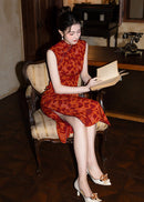 Sleeveless Red Long Qipao | Modern Mandarin Slim Jacquard Gown