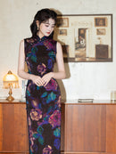 Black Base Purple-Blue Sleeveless Qipao Dress | Mandarin Collar Slim Midi Cheongsam