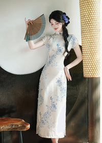 Ivory Blue Floral Qipao Dress | Mandarin Collar Slim Split Cheongsam Maxi