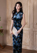 Blue Floral Vintage Sleeveless Slim Qipao Dress