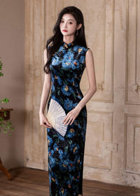 Blue Floral Vintage Sleeveless Slim Qipao Dress