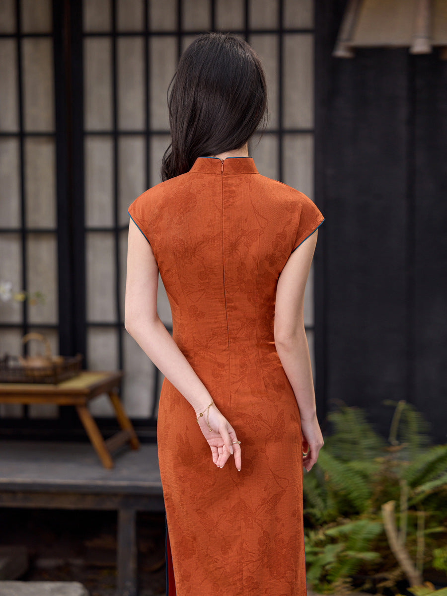 Orange Tonal Jacquard Short Sleeve Qipao Maxi Dress | Mandarin Collar Slit Cheongsam