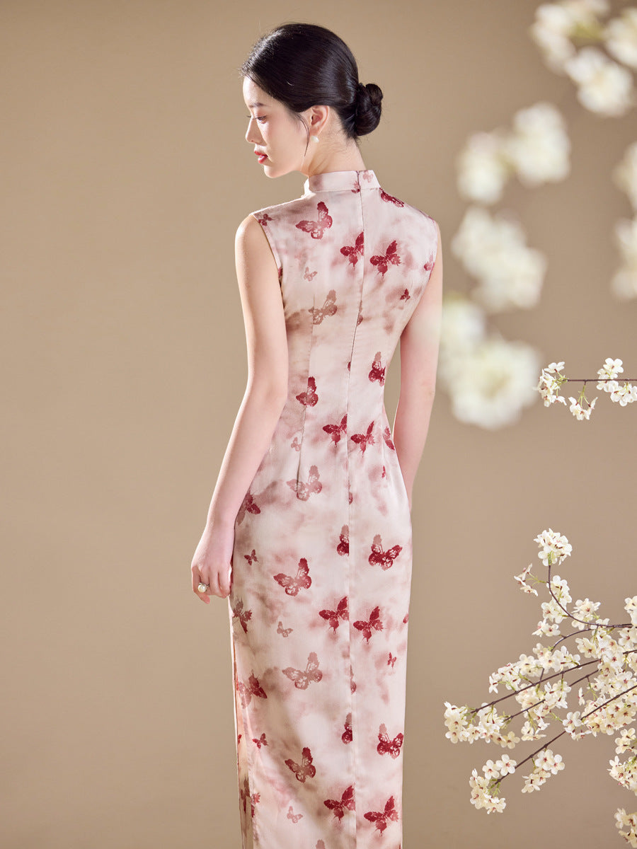Butterfly Floral Print Sleeveless Qipao Maxi Dress | Mandarin Collar Slim Slit Cheongsam