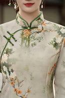Beige Vintage Floral Jacquard Long-Sleeve Qipao