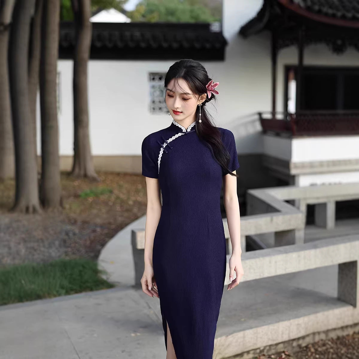 Navy Minimalist Short Sleeve Qipao Dress | Mandarin Collar Slim Maxi Cheongsam
