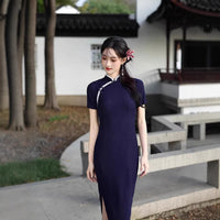 Navy Minimalist Short Sleeve Qipao Dress | Mandarin Collar Slim Maxi Cheongsam