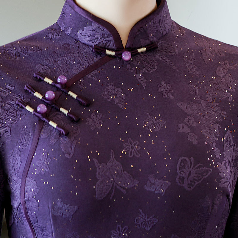 Purple Long-Sleeve Qipao for Mothers