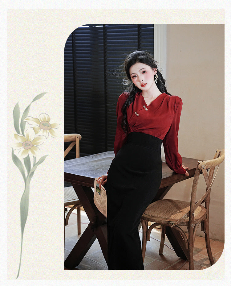 Modern Chinese Two-Piece Set – Red Pleated Top with Frog Buttons | High-Waist Straight Maxi Skirt