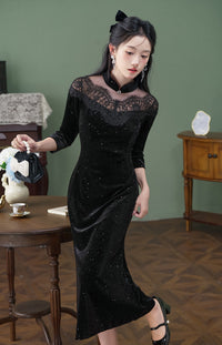 Black Lace-Paneled Qipao | Modern Mandarin, Slim Mid-Length Evening Dress