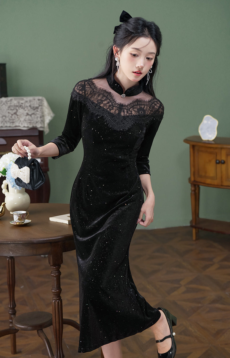 Black Lace-Paneled Qipao | Modern Mandarin, Slim Mid-Length Evening Dress