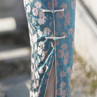 Peacock-Blue Vintage Jacquard Sleeveless Qipao | Slim Long Dress with Mandarin Collar, Frog Buttons & Side Slit