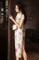 Breathable Linen-Feel Floral Qipao | Soft Green & Lilac Iris