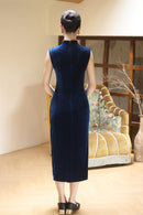 Sleeveless Navy Embroidered Qipao Long Dress | Mandarin Collar Slim Silhouette