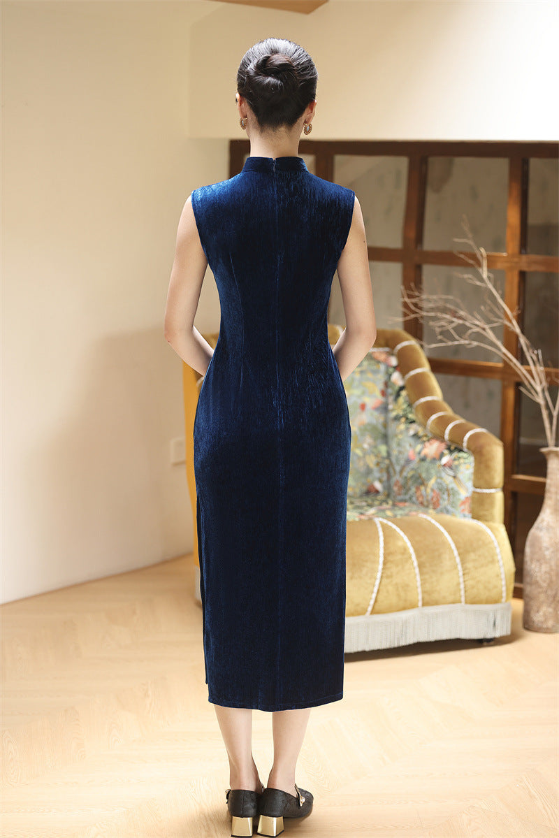 Sleeveless Navy Embroidered Qipao Long Dress | Mandarin Collar Slim Silhouette