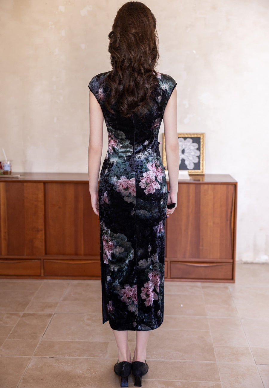 Black Vintage Floral Qipao Maxi | Mandarin Collar & Frog Buttons