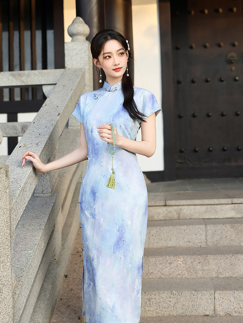 Blue Ink-Shadow Print Sleeveless Qipao Dress | Mandarin Collar Slim Maxi Cheongsam