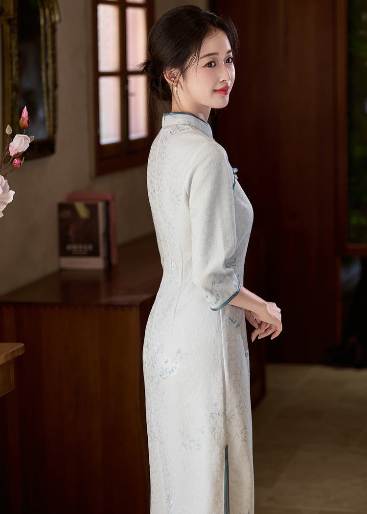 Ice-Blue Jacquard Qipao | 3/4 Sleeve Slim Long Dress