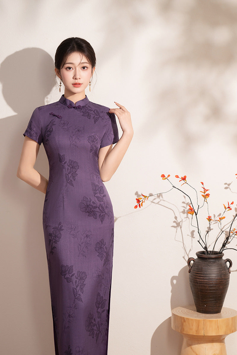 Vintage Purple Jacquard Short Sleeve Qipao Dress | Mandarin Collar Slim Midi Cheongsam