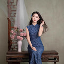 Dusty Blue Jacquard Sleeveless Long Qipao Dress | Mandarin Collar Slim Vintage Banquet Gown