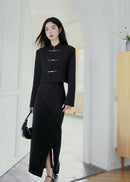 Black Modern Tang Suit Set | Mandarin-Collar Jacket & Slit Maxi Skirt for Early Spring