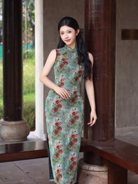 Green Rose Floral Print Sleeveless Mesh Qipao Dress|Slim Mandarin Midi Cheongsam