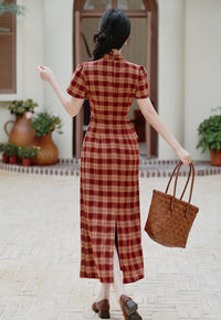 Red Check Modern Chinese Qipao Dress | Picnic & Day Trip Ready