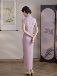 Lilac Jacquard Sleeveless Qipao Maxi Dress | Mandarin Collar Piped Slim Cheongsam