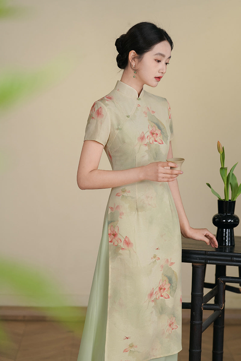 Mint-Green Watercolor Lotus Qipao Midi | Mandarin Short Sleeves