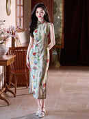 Watercolor-Print Sleeveless New-Chinese Qipao Dress | Morandi Tones, Slim Midi with Side Slit