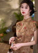 Classic Shanghai Qipao | Summer Cap-Sleeve Mandarin Maxi with Ink Floral