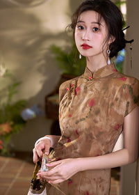 Classic Shanghai Qipao | Summer Cap-Sleeve Mandarin Maxi with Ink Floral