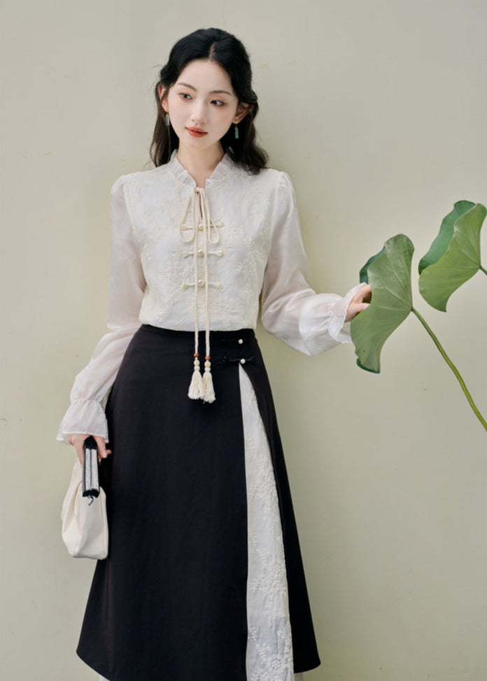 Modern Chinese Two-Piece Set | Tassel Frog-Button Blouse & Layered Wrap Skirt