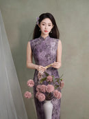 Purple Floral Sleeveless Slim Long Qipao Dress | Mandarin Collar Frog Button Bodycon Side Slit Wedding Banquet Party Gown