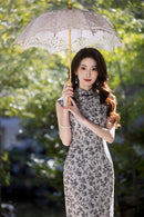 Vintage Floral Qipao Sleeveless Long Dress | Cool Grey-Black Leaf Motif