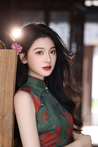 Pine-Green Watercolor Floral Qipao | Sleeveless Slim Long Dress with Side Slit