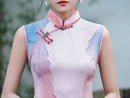 Watercolor Ombre Sleeveless Qipao Maxi | Pink–Blue Mandarin Collar