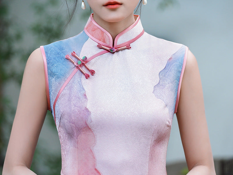 Watercolor Ombre Sleeveless Qipao Maxi | Pink–Blue Mandarin Collar