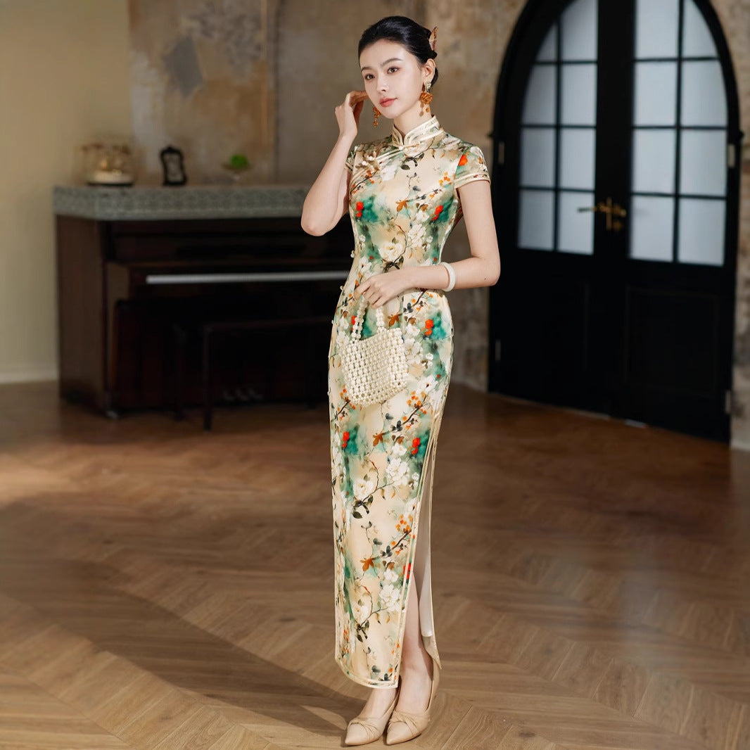 Floral Silk Cheongsam Dress, Traditional Chinese Silk Qipao, Elegant Silk Dress with Floral Print