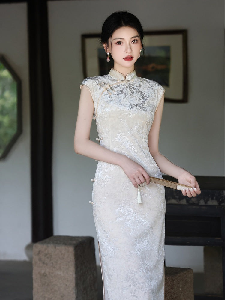 Beige Jacquard New-Chinese Sleeveless Qipao Dress | Sleek Elegant Maxi for Summer