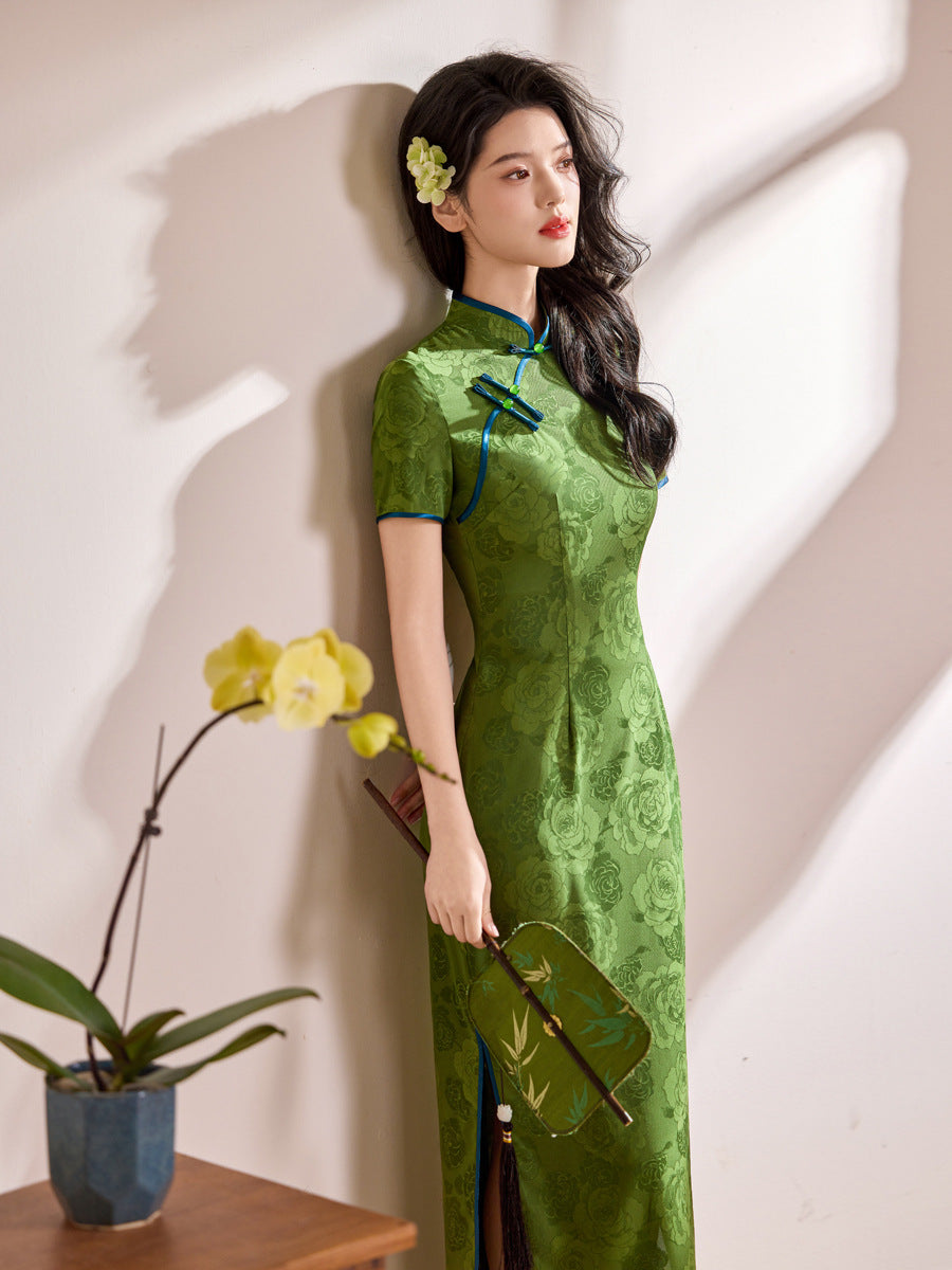 Emerald Green Blue-Piping Tonal Jacquard Short Sleeve Qipao Maxi Dress | Mandarin Collar Slit Cheongsam